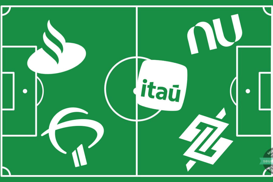 Campo de Futebol logos bb banco do brasil itau santander bradesco nubank Montagem Andrei Morais