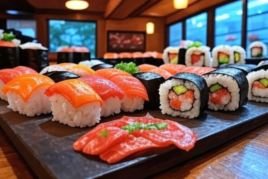 Um combinado com sushis niguiris e uramakis. Foto GrokAI