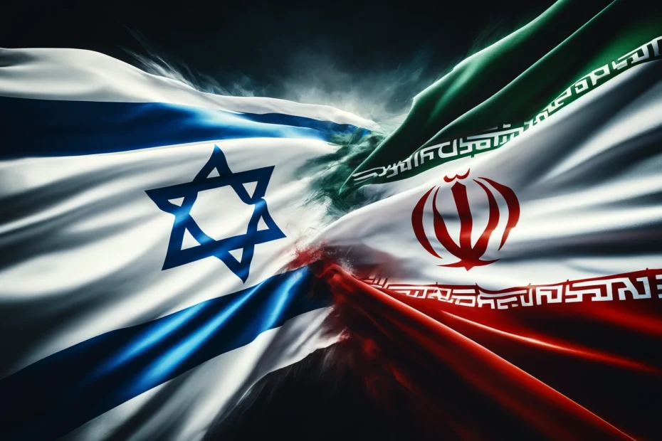 DALL·E 2024 04 14 08.28.39 A dynamic and impactful image depicting the flags of Israel and Iran coll