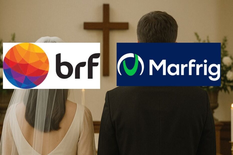 Fusao entre BRF BRFS3 e Marfrig RFG3. Foto Dall EChatGPT Divulgacao Montagem Seu Dinheiro 1
