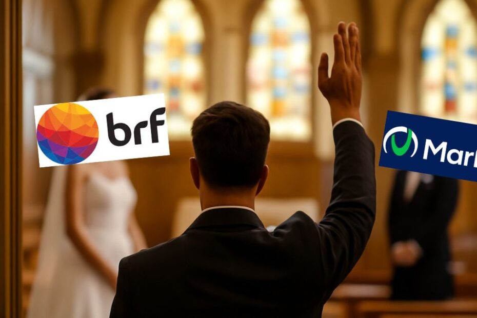 Fusao entre BRF BRFS3 e Marfrig RFG3. Foto Dall EChatGPT Divulgacao Montagem Seu Dinheiro