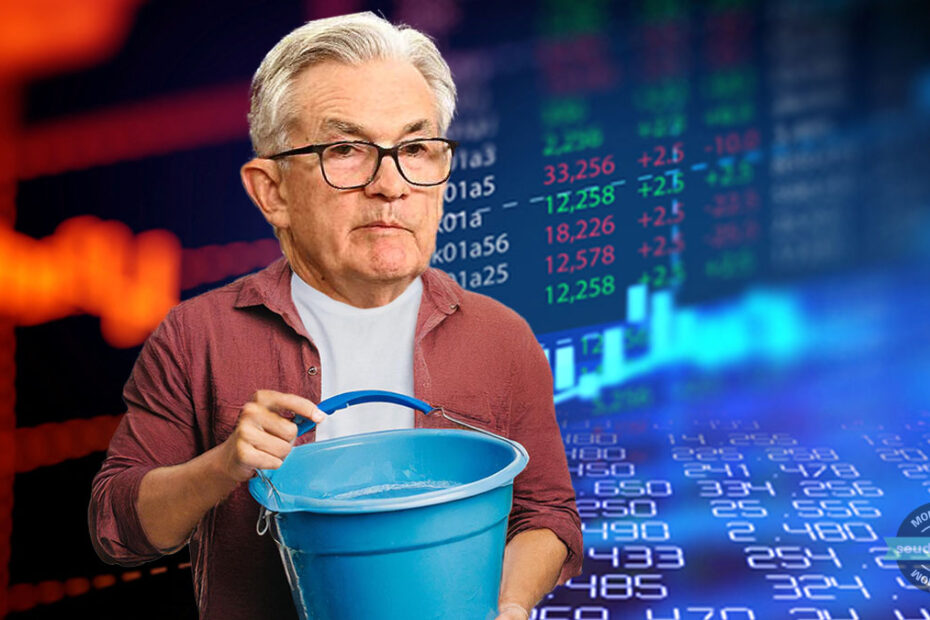 Jerome Powell Balde Agua Fria Mercados Grafico Stock Market Montagem Andrei Morais Adobe Firefly Fed