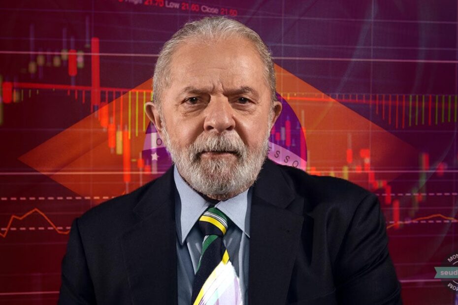 Lula com bandeira do Brasil e grafico ao fundo vermelho creditos Shutterstock Luisa Dorr TIME montag