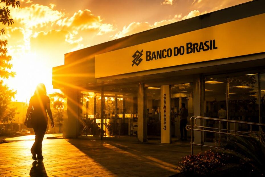 imagem gerada por IA de uma agencia do banco do brasil com o sol vindo por tras